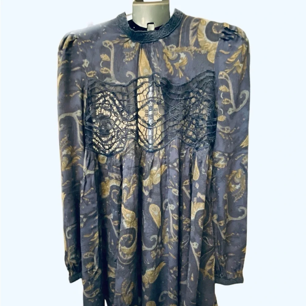 NWT Free People Midnight Blue and Gold Tunic Dress
